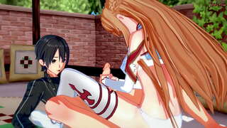 Kirito efumana a blowjob ukusuka Asuna, ngoko ke fucks yakhe nzima kwi umandlalo.